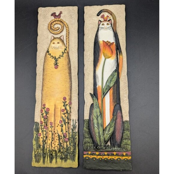 E Smithson Cat Tail Wall Plaques 3D Resin Set of 2 Whimsical Signed Folk Art 11" - Picture 1 of 7